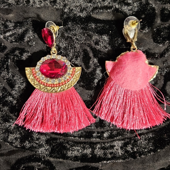 Red Ruby, Diamond, and Fringe Statement Earrings - Picture 3 of 5